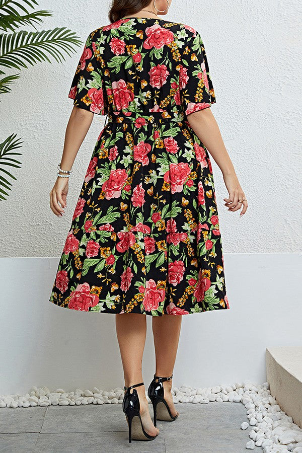 Floral V Neck  Plus size midi dress