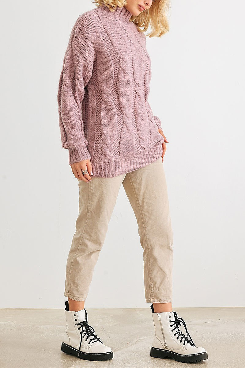 CABLE KNIT TURTLE NECK LONG SLEEVE SWEATER