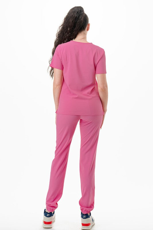 Medical Scrub Set 4 Way Stretch 6 Pockets V-Neck T